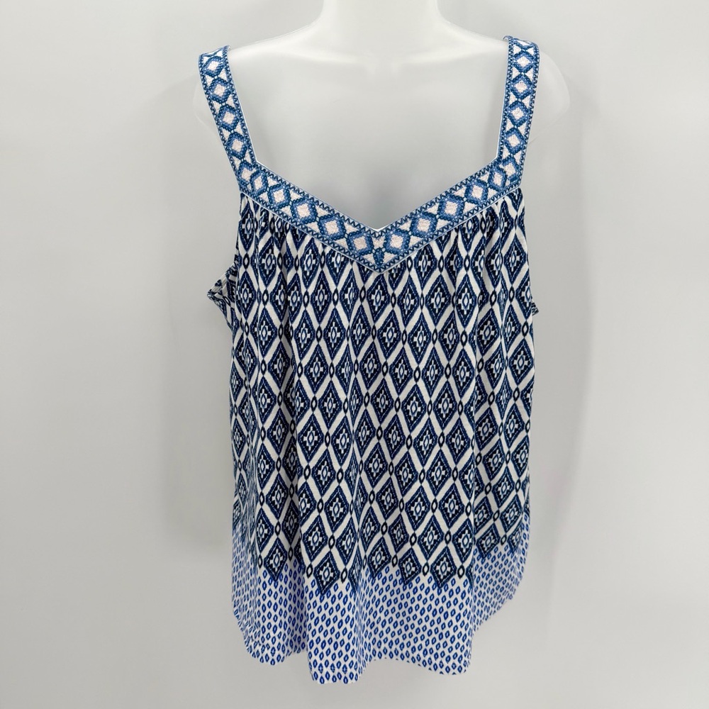 Daniel Rainn Tank Cotton Slub Knit Top Womens XL Blue Geo Sleeveless Cotton NEW